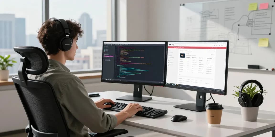 Developer coding on dual screens showcasing the WPS Official Website in a modern office.