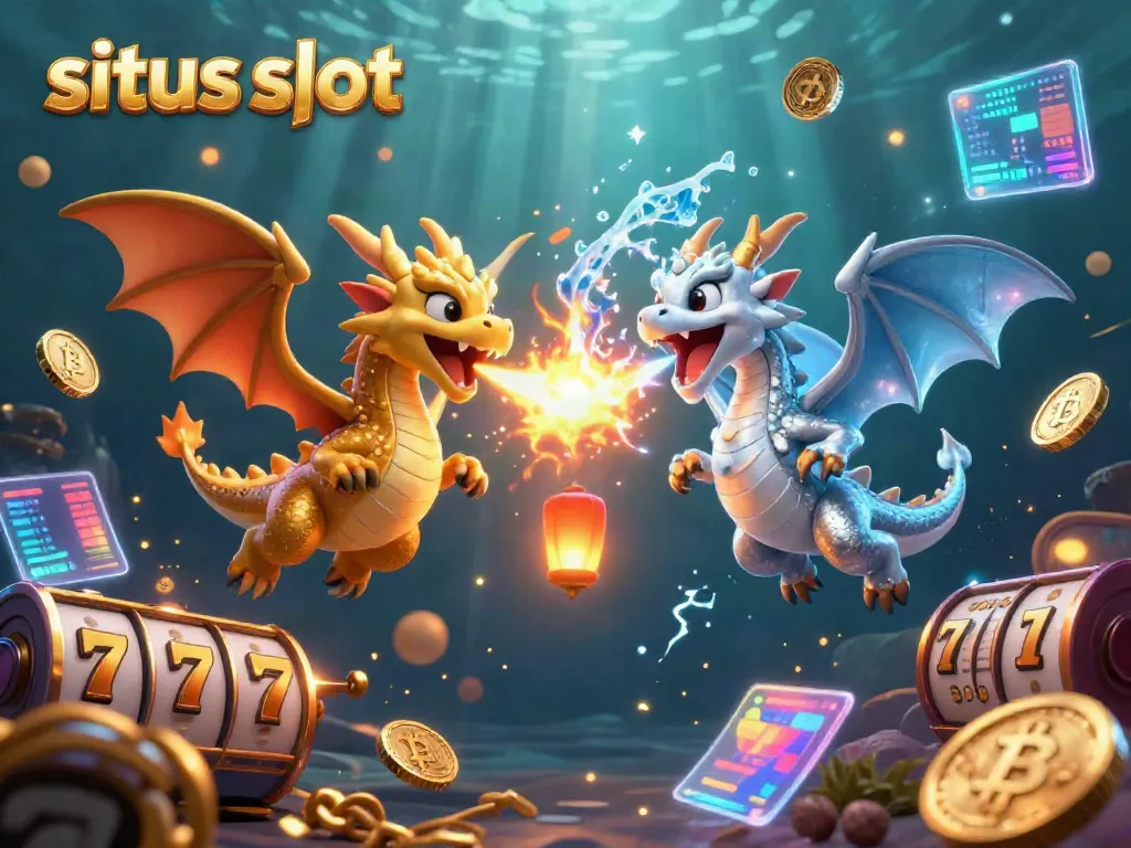 Engage with situs slot featuring vivid 3D cartoon dragons amidst exciting slot game elements and crypto coins.
