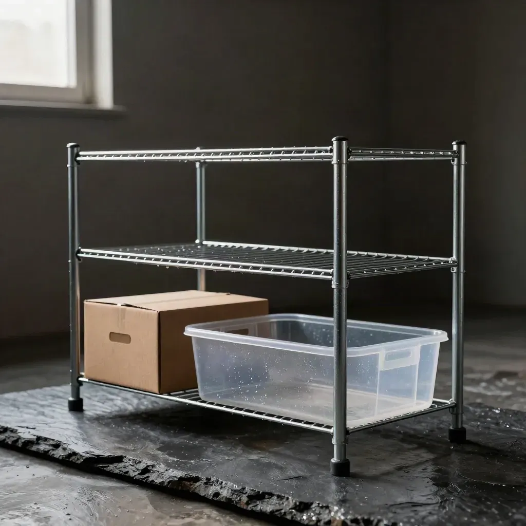 Low-angle garage rack on wet slate beside a box and clear bin in dramatic studio light.