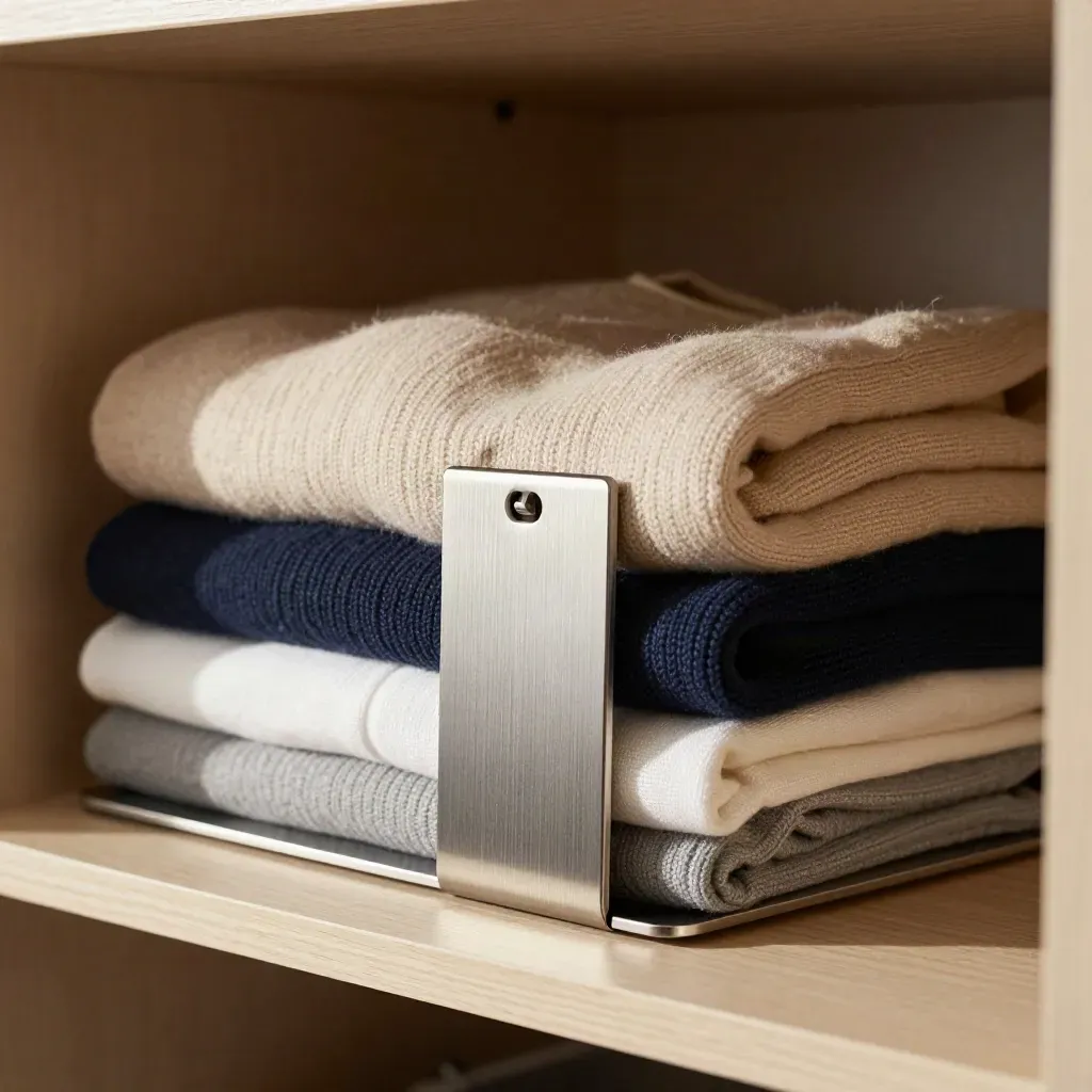 Brushed steel closet shelf dividers holding a neatly folded sweater stack in soft haze.