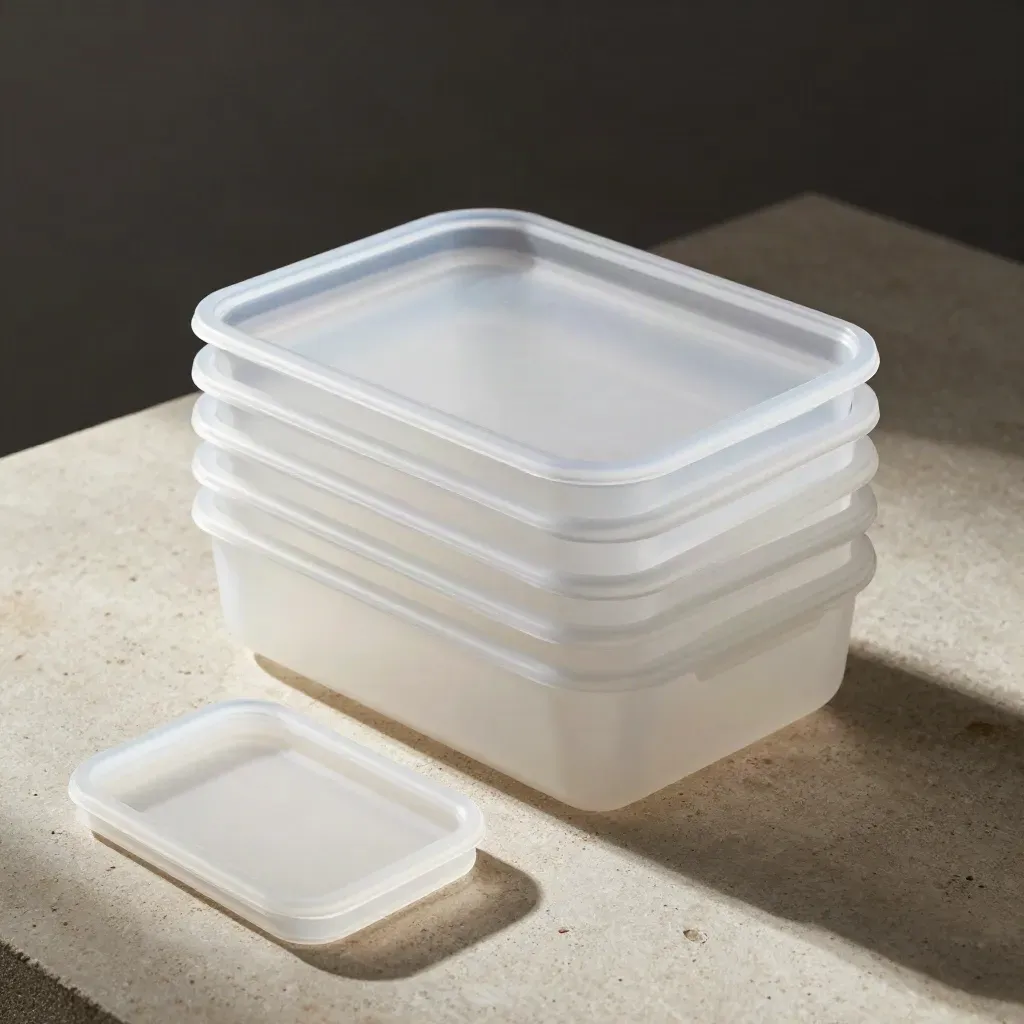Overhead flatlay of clear stack bins with frosted lids on cool stone.