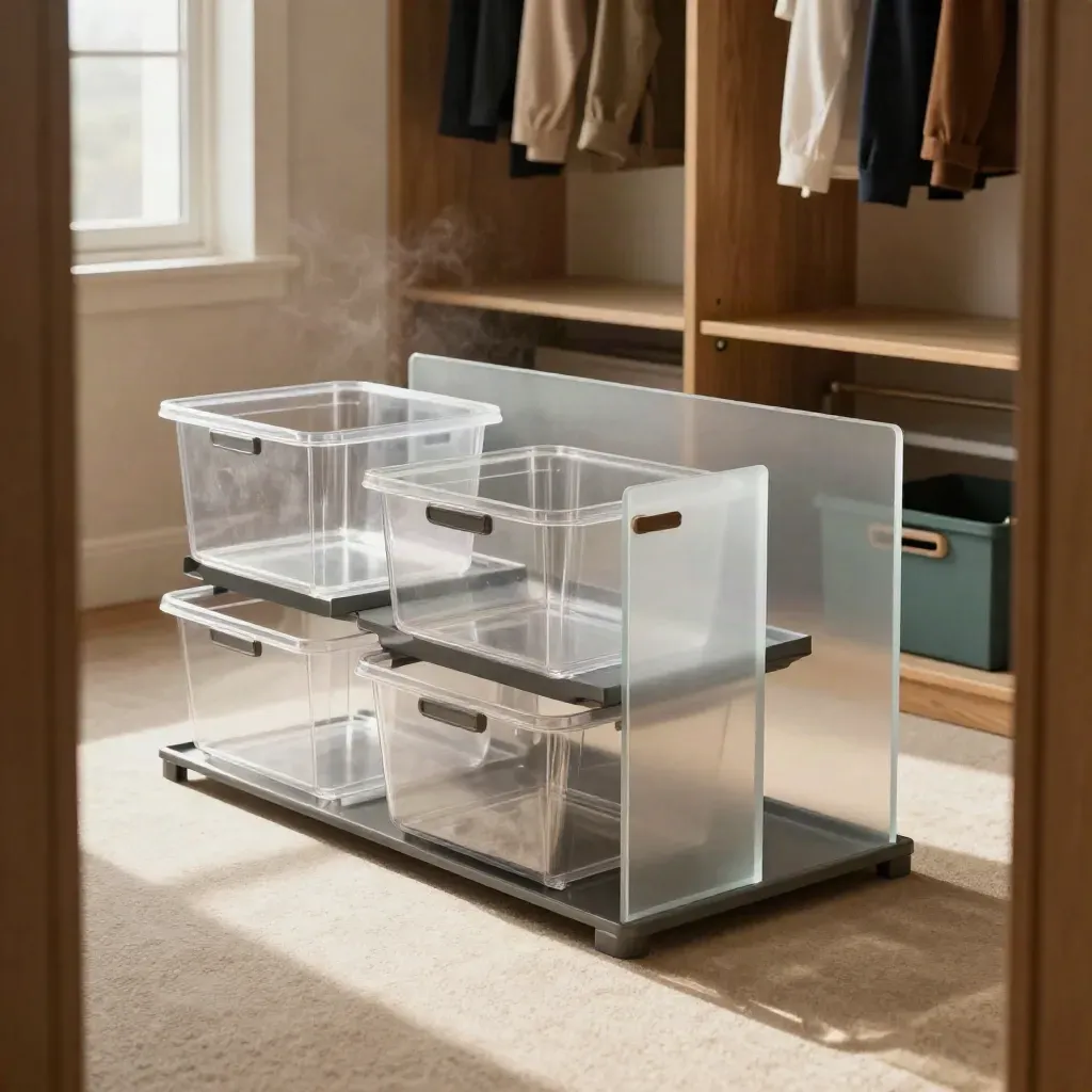 Clear bins and divider panels arranged in a warm walk-in closet reset scene.