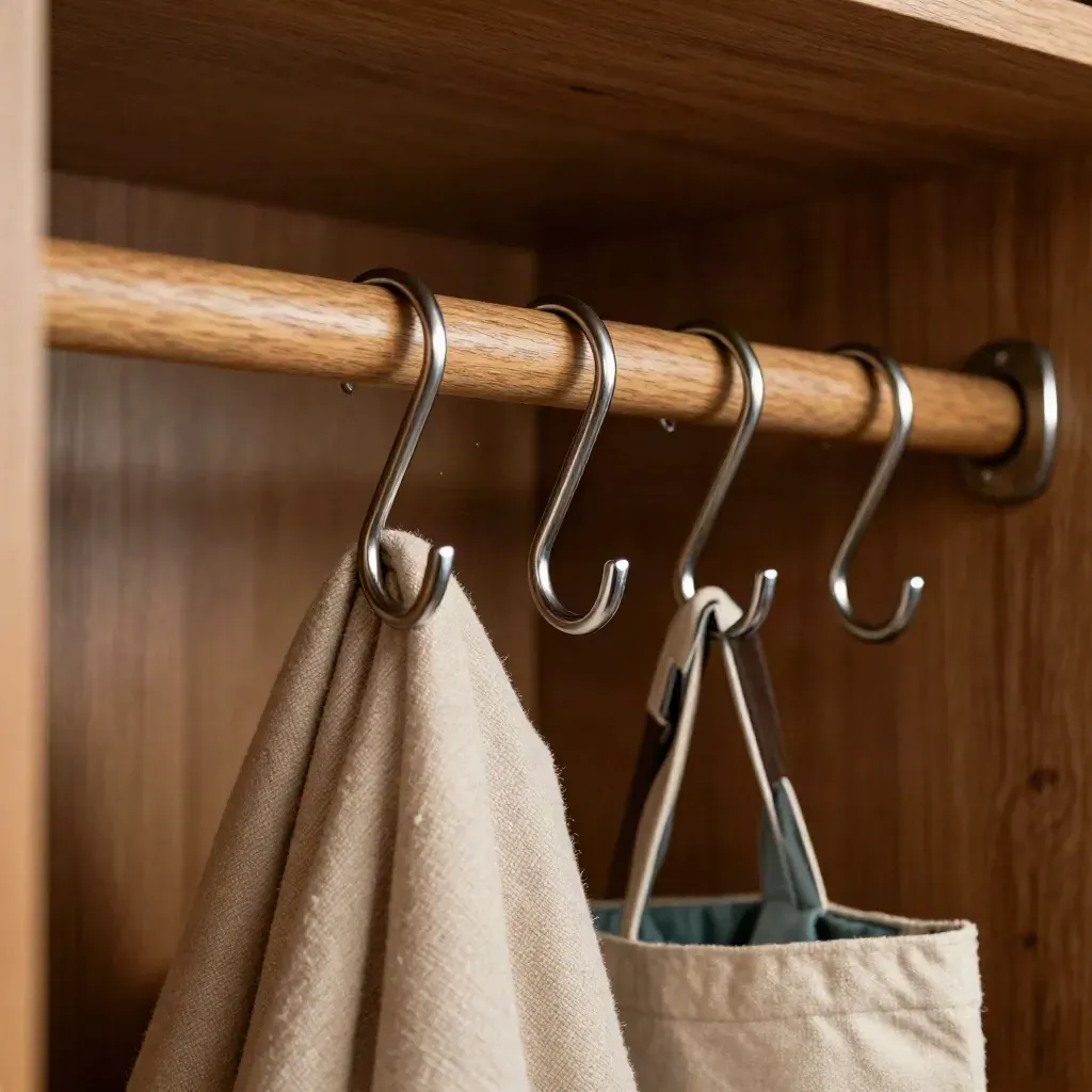 Brushed metal closet rod hooks on a wooden rod with scarf and tote in dramatic studio light