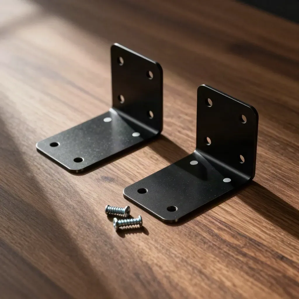 Black steel wall shelf brackets with screws on a warm walnut-brown slab, overhead flatlay.