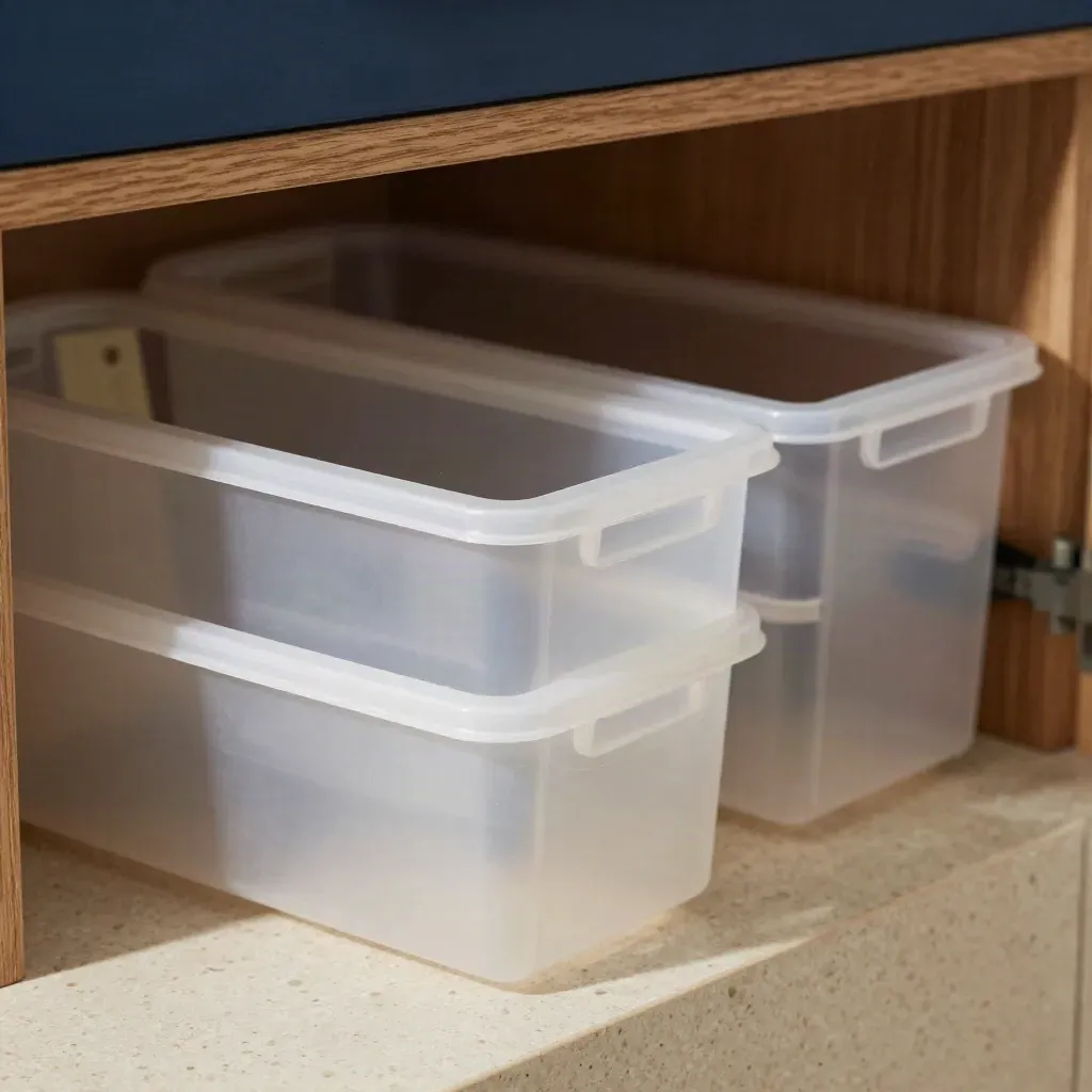 Three clear sliding drawer bins staggered on travertine inside a warm oak cabinet, softly lit