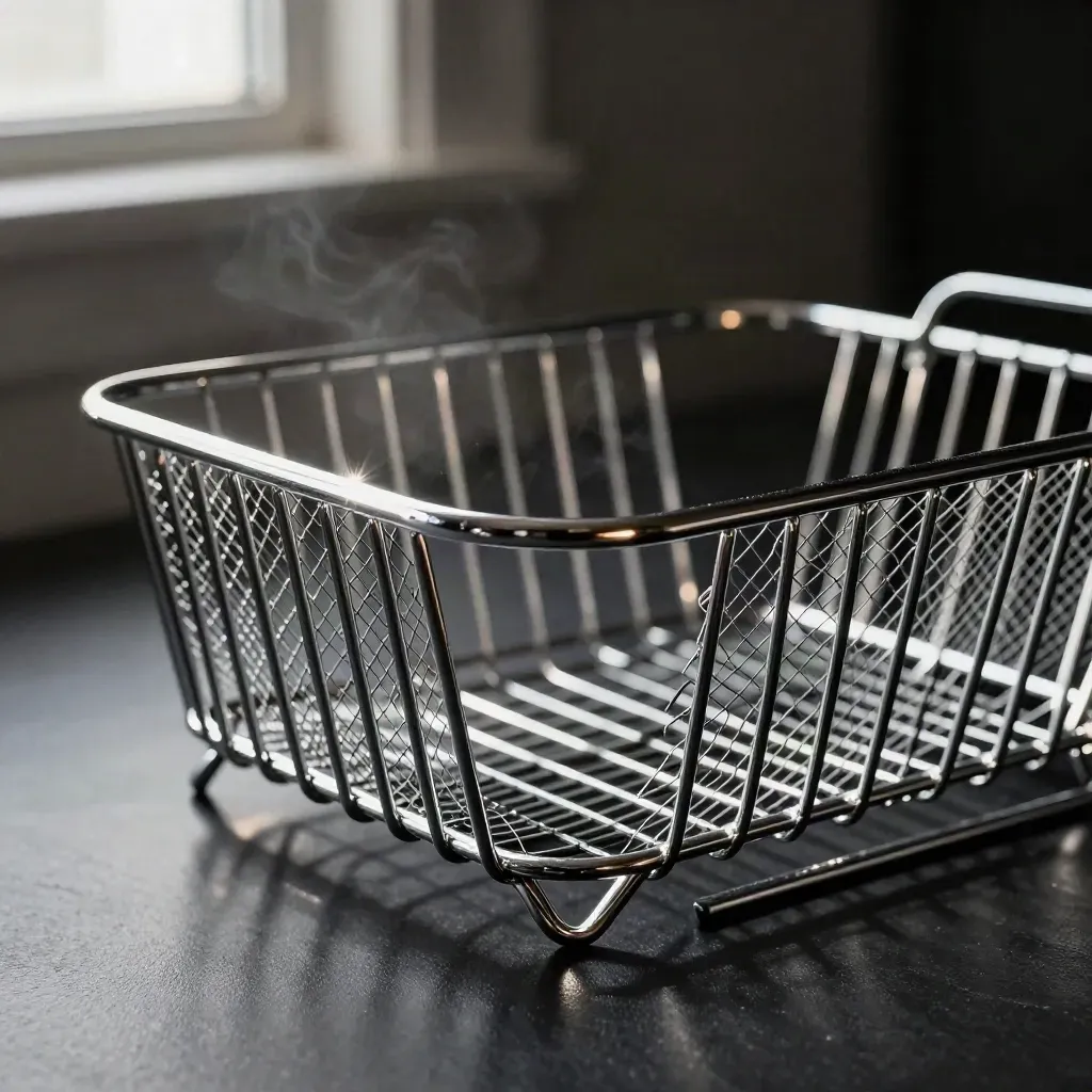 Chrome wire basket shelf insert on matte black surface with cool rim light and haze