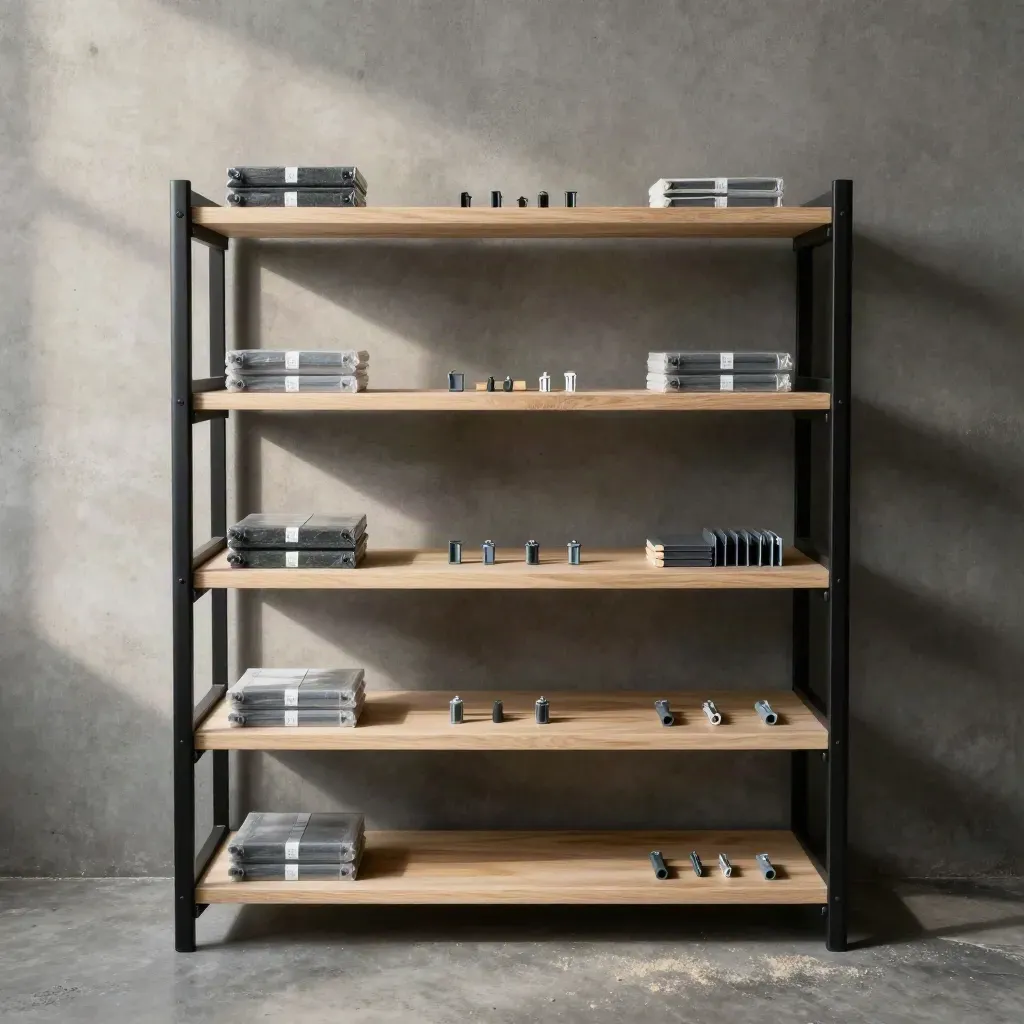 Overhead flatlay of a five-tier bookshelf kit on concrete with pale wood shelves