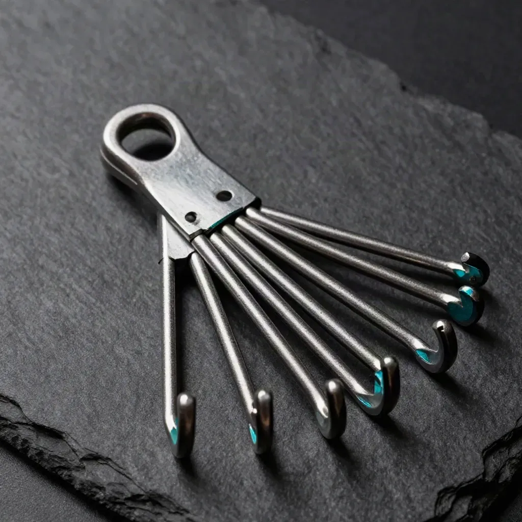 Macro of eight steel garage hooks fanned in a diagonal cluster on dark slate.