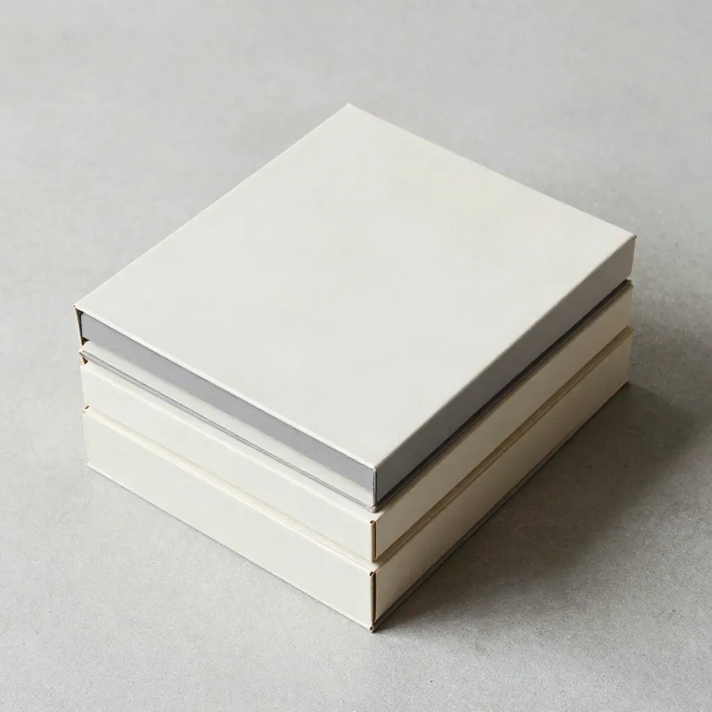 Overhead flatlay of nested letter-size file boxes on pale concrete, premium and minimal.
