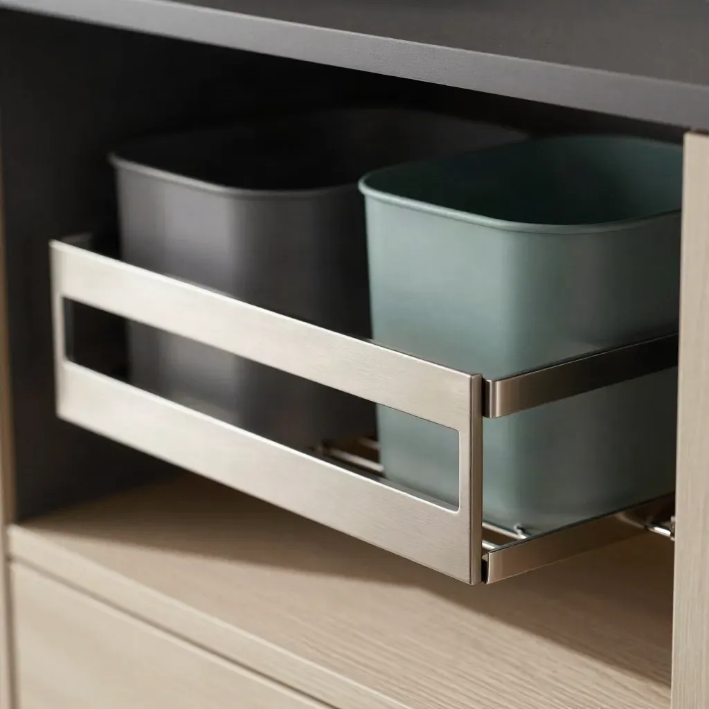 Brushed-steel pull-out bin rail mid-extension inside a cabinet with soft teal bins