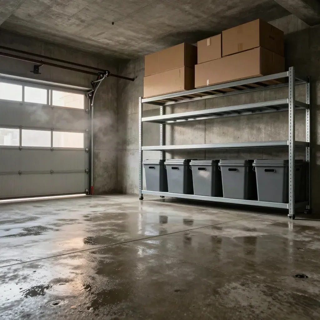 Rain-damp garage bay with storage racks, bins, and soft sunlight on wet concrete.