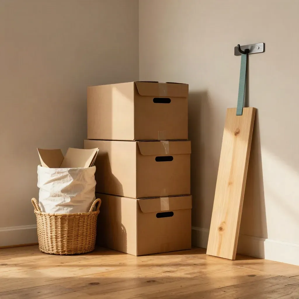 Sunlit mudroom packing corner with boxes, wrapped lamp, woven basket, and pine boards.