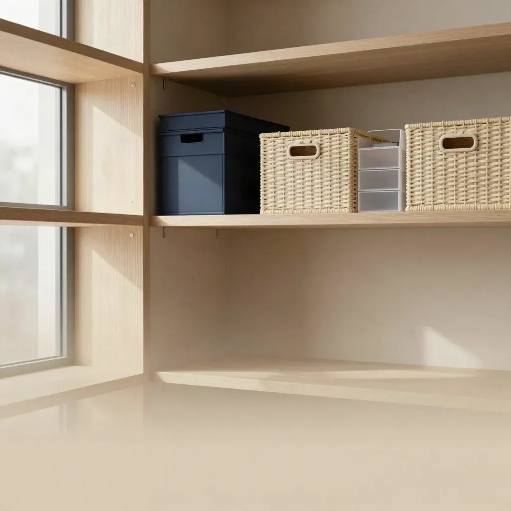 Birch office shelves with bins and frosted glass above a calm blank desktop edge.