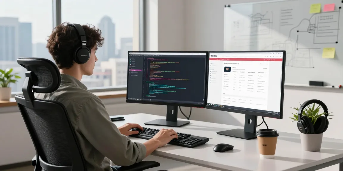 Developer coding on dual screens showcasing the WPS Official Website in a modern office.