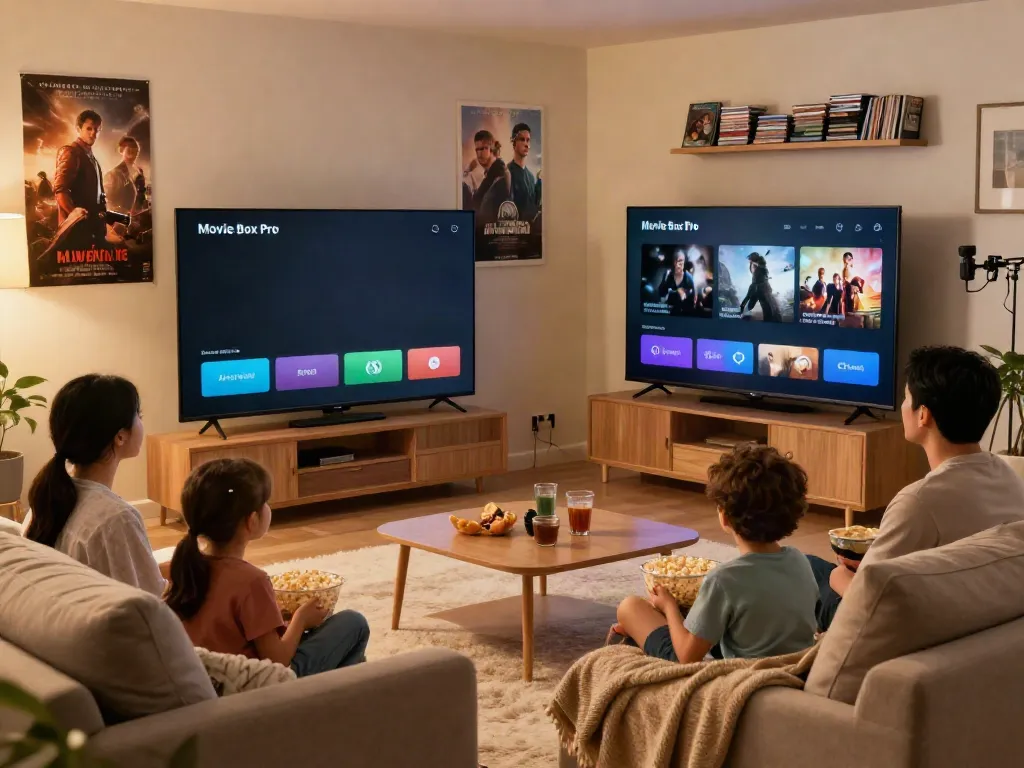 Family enjoying a movie night with Movie Box Pro app on large screen TV, cozy living room setting.