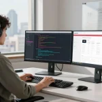 Developer coding on dual screens showcasing the WPS Official Website in a modern office.