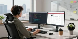 Developer coding on dual screens showcasing the WPS Official Website in a modern office.