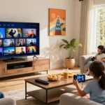 Families enjoying IPTV Quebec channels in a cozy living room environment