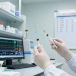 A healthcare professional preparing a 10 ML syringe in a bright laboratory with medical supplies.
